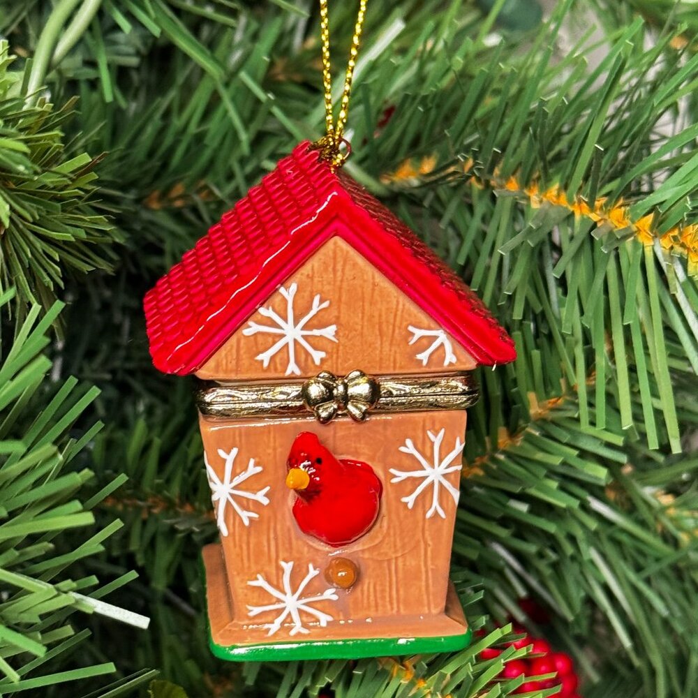 Bird House Chalet Porcelain Hinged Surprise Gift Trinket Box Christmas Ornament